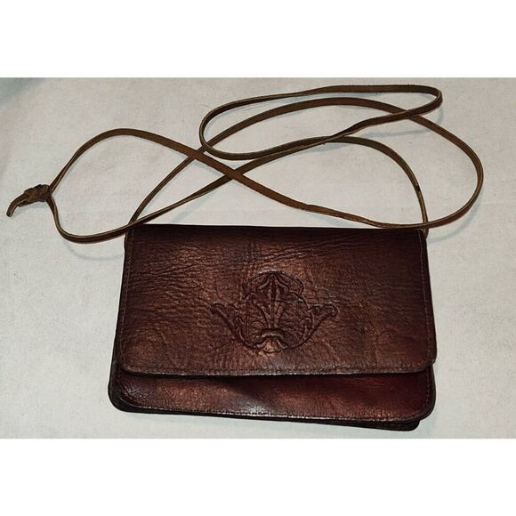 Leather Crossbody Mini hand bag brown 4" x 6". Shoulder strap 22" Made in Haiti - Picture 1 of 6